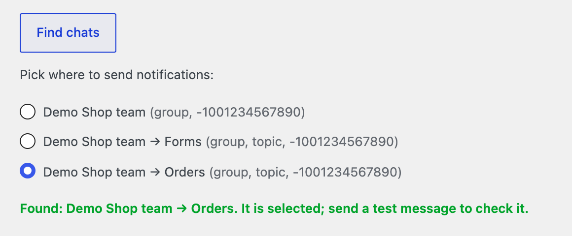 Find chats found the group Demo Shop team, topic Orders, and selected it